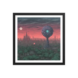 Puede incluir: Impresión artística enmarcada que representa una ciudad futurista bajo un cielo rojo y gris dramático. Una gran estructura ornamentada con un orbe brillante domina la escena, con un horizonte urbano distante y exuberantes árboles verdes en primer plano. La obra está en un marco negro.