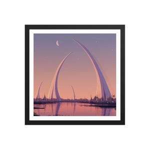 Op de afbeelding: Ingelijste kunstdruk met een serene landschap met hoge, boogvormige structuren en zeilboten op een reflecterend water. De lucht verloopt van roze naar paars, met een halve maan en sterren.