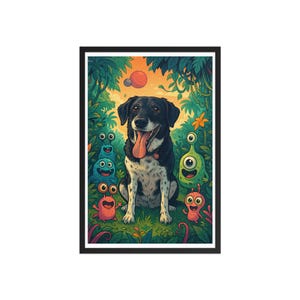 Puede incluir: Una impresión artística enmarcada que presenta un perro blanco y negro con la lengua fuera, rodeado de monstruos de dibujos animados coloridos en un exuberante entorno de jungla verde. La obra de arte tiene un estilo vibrante y juguetón.
