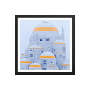 Puede incluir: Impresión enmarcada que presenta un diseño arquitectónico futurista. La obra de arte muestra una estructura compleja con múltiples secciones abovedadas, pintadas en blanco con bandas naranjas. La imagen se establece sobre un fondo azul claro, creando un fuerte contraste.