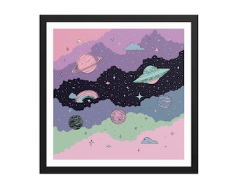 Pastel Cosmic Dreamscape – Dreamy Space Wall Art – Cute Planets, Stars & Clouds – Whimsical Galaxy Nursery Decor – Framed Poster