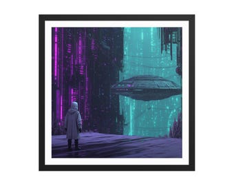 I Was Found – Dreamy Sci-fi Wall Art – Mysterious Alien Encounter in Neon Cyberpunk City – Synthwave Glow & Surreal Spaceship – Framed Print