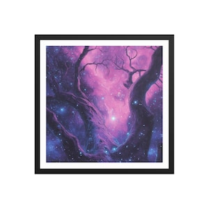 Galactic Tree of Life – Vivid Sci-fi Fantasy Wall Art – Cosmic Vibes Purple Forest & Stars – High Quality Matte Print – Framed Galaxy Poster