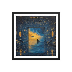 Op de afbeelding: Ingelijste kunstdruk met een futuristisch interieur met een katten silhouet dat naar een sterrenhemel kijkt. Het kunstwerk heeft een blauw en goud kleurenpalet, met ingewikkelde details die een technologisch thema suggereren. De kat staat centraal in de afbeelding.