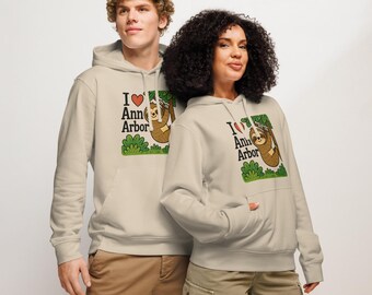 Sudadera con capucha «I Love Ann Arbor Sloth» – Sudadera adorable de Michigan para un estilo de vida tranquilo – Regalo ideal para la ciudad de los árboles – Estilo mitón – Sudadera unisex orgánica de peso medio