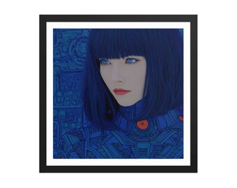 Cobalt Circuit Muse – Dreamy Sci-fi Wall Art – Blue Android Girl Portrait in Neon Tech Pattern – Cyberpunk Anime – Framed Poster