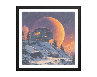 Snowbound Space Outpost – Dreamy Sci-Fi Wall Art – Futuristic Mountain Base & Orange Moon – Starry Night Sky – Cosmic Fantasy Framed Poster