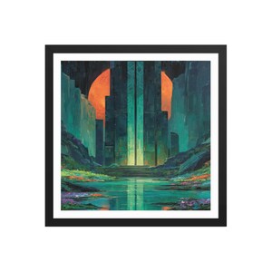 Op de afbeelding: Ingelijste kunstdruk met een fantasielandschap. Het kunstwerk toont een torenhoge structuur met een gloeiend centrum, tegen de achtergrond van een grote oranje zon. De scène omvat een reflecterend water en kleurrijke flora.