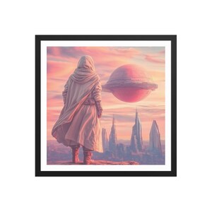 May include: A lone figure in a white hooded robe stands on a rocky outcrop, gazing out at a futuristic cityscape. A large, pink, orb-shaped object hangs in the sky above the city, casting a warm glow on the scene.