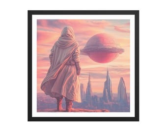 Llegada a un mundo extraterrestre: arte mural de ciencia ficción futurista y onírico: explorador cósmico y paisaje surrealista en tonos pastel con orbe flotante. Impresión de póster enmarcada.