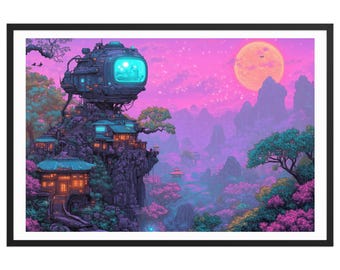 Alien Slice of Life – Dreamy Sci-fi Wall Art – Extraterrestrial Village Under Enchanted Pink Moon – Chillwave Cosmic Fantasy Framed Poster