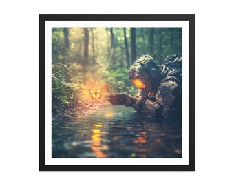 Robot Empath – Futuristic Sci-fi Nature Wall Art – Peaceful AI Forest Encounter – Dreamy Glowing Butterfly by Water – Framed Poster Print
