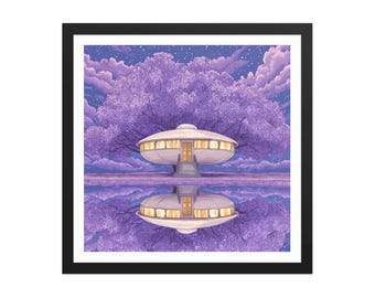 Lush Lodgings – Dreamcore Sci-fi Wall Art – Alien Abode – Relaxing Reflections – Stunning Sakura & Starry Sky – Cosmic Fantasy Framed Poster