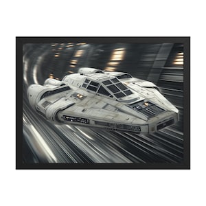 Hyperdrive Voyager – Dreamy Sci-fi Wall Art – Futuristic Starship in Cosmic Tunnel – Celestial Odyssey – Spaceship Fantasy Framed Poster