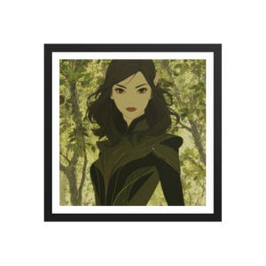 Peut inclure: Impression d'art encadrée représentant une illustration stylisée d'une femme aux cheveux foncés et aux oreilles pointues, vêtue d'une tenue verte et noire. L'arrière-plan représente une scène de forêt avec un feuillage vert et des arbres. L'œuvre est encadrée d'un cadre noir.