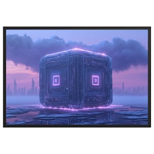 May include: A futuristic, cube-shaped structure with glowing purple lights sits on a frozen lake. The structure is made of metal and has a complex design. The background is a hazy, purple sky with clouds.