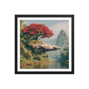 May include: Framed art print featuring a futuristic spacecraft nestled in a lush, tropical landscape. A vibrant red-flowered tree sits atop a rocky outcrop, with a river flowing below. The artwork is set in a black frame.