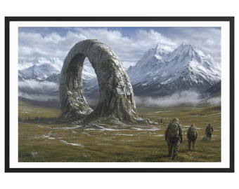Alien Planet Exploration Team – Surreal Sci-fi Wall Art – Ancient Extraterrestrial Portal in Valley with Cosmic Explorers – Framed Poster