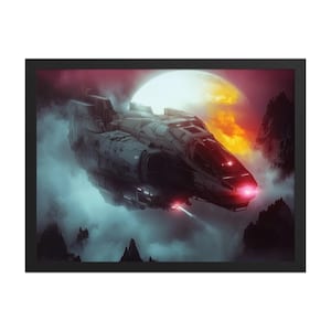 Puede incluir: Una nave espacial futurista vuela a través de un cielo nublado con una gran luna naranja y blanca brillante en el fondo. La nave espacial es gris y blanca con luces rojas en el lateral.