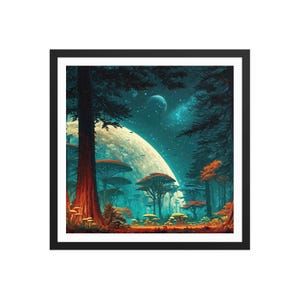 Dreamy Alien World Landscape – Surreal Sci-fi Forest Wall Art – Vibrant Cosmic Nature Scene – Matte Paper Print – High Quality Framed Poster