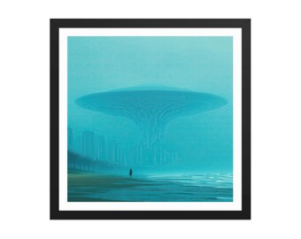 Puede incluir: Impresión artística enmarcada que presenta un paisaje surrealista en tonos azules y turquesas. Una figura solitaria se encuentra en una playa, mirando hacia una gran estructura con forma de hongo. La obra de arte evoca una sensación de misterio y asombro.
