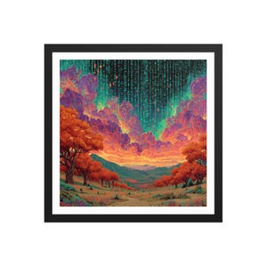 Könnte beinhalten: Gerahmter Kunstdruck mit einer lebendigen Landschaft mit orangefarbenen Bäumen, lila und rosa Wolken und einem grünen Himmel mit fallendem Code. Das Kunstwerk ist in einem schwarzen Rahmen eingefasst, was einen auffälligen Kontrast erzeugt.