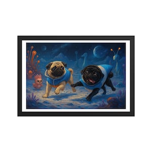 Cute Pugs on Alien World - Sci-fi Art - Framed Matte Paper Poster