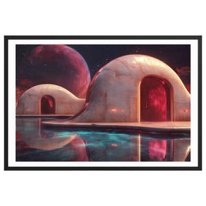 Op de afbeelding: Een futuristisch, koepelvormig gebouw met een gloeiende rode deur, weerspiegeld in een waterpoel. Een grote, rode planeet is zichtbaar op de achtergrond.