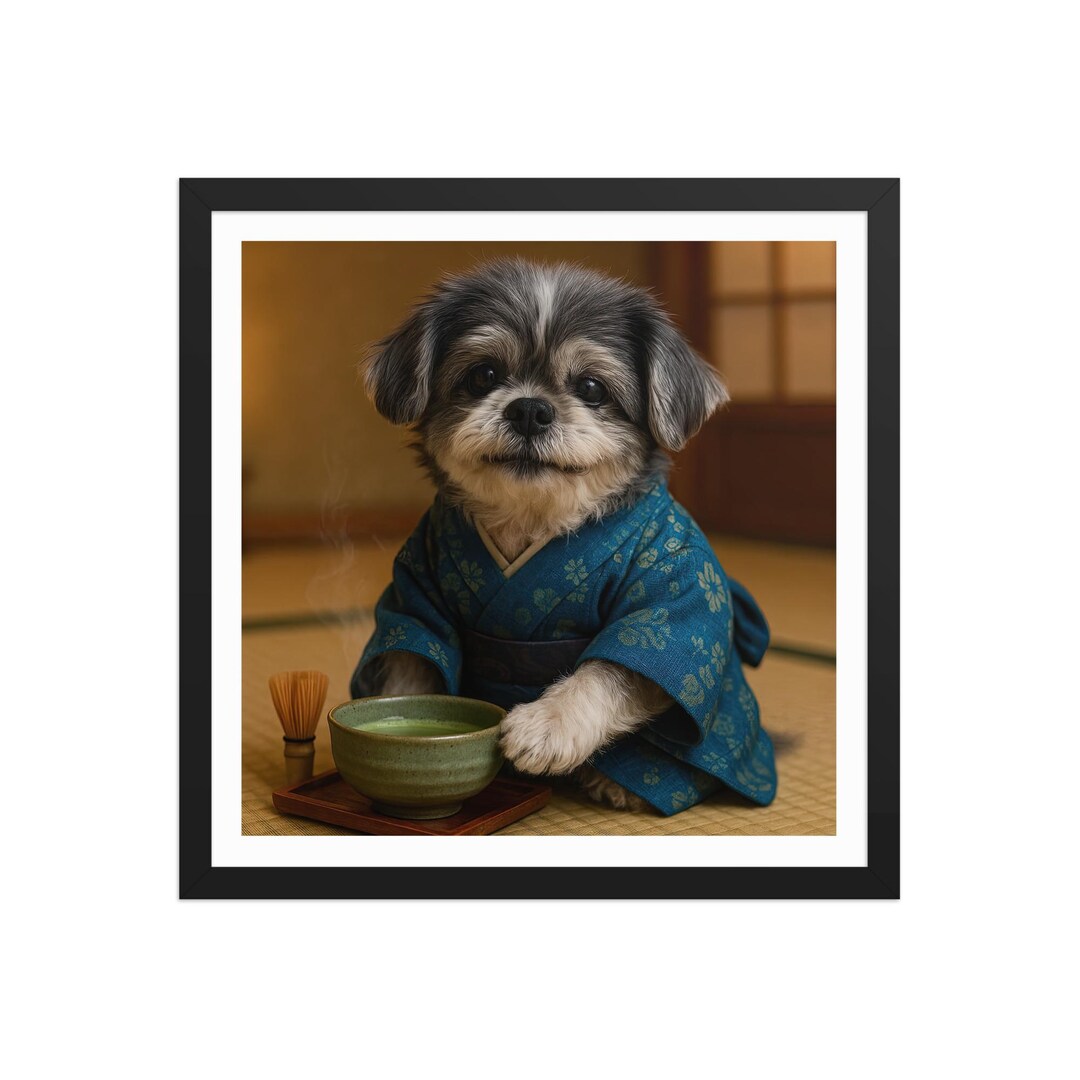 Cute Matcha Dog Tea Ceremony – Kawaii Shih Tzu Wall Art – Blue Kimono ...