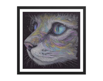 Space Cat – Psychedelic Sci-fi Cat Wall Art – Cosmic Feline Portrait Print – Galaxy Eyes & Trippy Fur Swirls – High Quality Framed Poster