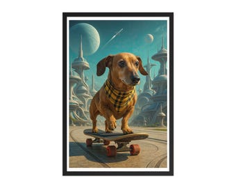 Smooth Haired Dachshund Skateboarding on Cool Alien Planet - Sci-fi Art - High Quality Print - Framed Poster