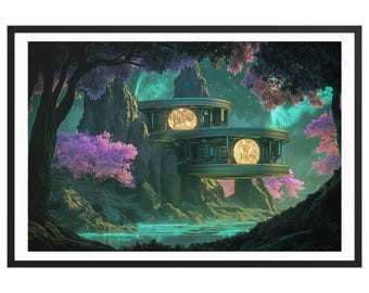 Cherry Blossom Basecamp – Dreamy Sci-fi Wall Art – Lush Alien Landscape & Intergalactic Sakura Outpost – Vivid Cosmic Fantasy Framed Poster