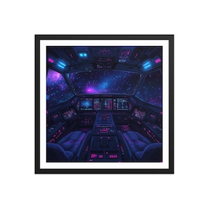 May include: A futuristic spaceship cockpit with a view of a starry night sky. The cockpit is lit with pink and blue lights and features a control panel with buttons and screens.