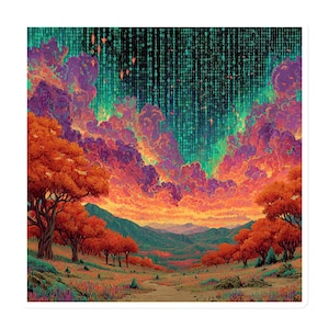 May include: A square sticker featuring a digital landscape with vibrant colors. The artwork depicts a valley with orange trees, purple clouds, and a binary code sky. The overall theme is a blend of nature and technology.