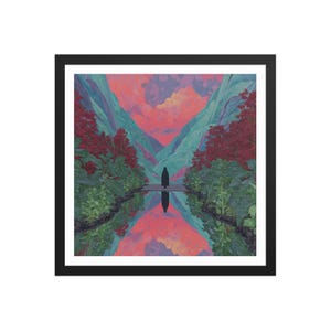 Op de afbeelding: Ingelijste kunstdruk met een surrealistisch landschap. Een figuur staat op een brug die weerspiegeld wordt in het water, met bergen en bomen aan weerszijden. De lucht is een mix van rood, roze en paars, wat een dromerige sfeer creëert.