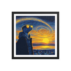 May include: Framed art print featuring a meerkat wearing sunglasses and a jacket, set against a vibrant sunset and starry sky. The artwork has a whimsical, artistic style, with a town silhouette in the distance.
