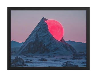 Lunar Emergence – Abstract Alien Sci-fi Wall Art – Surreal Extraterrestrial Mountain with Radiant Red Moon – Cosmic Fantasy Framed Poster