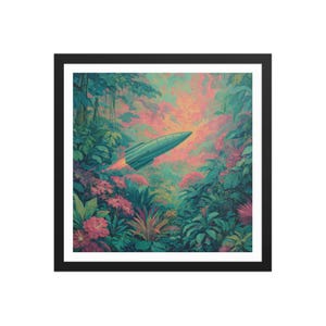 Alien Jungle Rocket – Retro Sci-fi-väggkonst – Silverrymdskepp från 1950-talet i frodig utomjordisk skog – Inramad poster med surrealistisk kosmisk fantasi