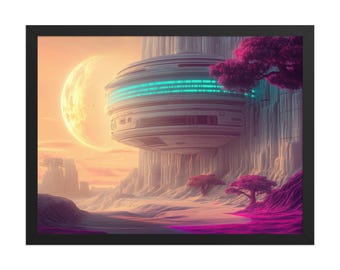 Alien Architecture – Dreamy Sci-fi Wall Art – Celestial Structure & Vibrant Trees on Extraterrestrial World – Cosmic Fantasy Framed Poster