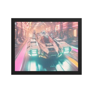 May include: A white futuristic spaceship with glowing green lights speeds through a neon-lit tunnel. The spaceship has a sleek, aerodynamic design and is surrounded by streaks of light.