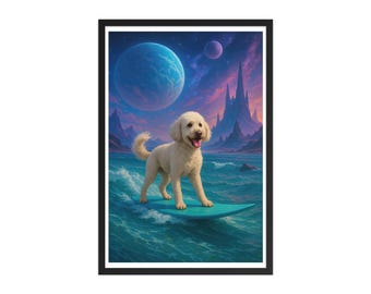May include: A framed print featuring a cream-colored dog surfing on a teal surfboard in a cosmic ocean. The background showcases a vibrant sky with planets, mountains, and a starry night. The dog has a happy expression.