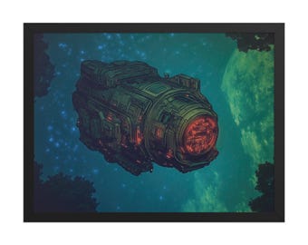 Crimson Voyager – Dreamy Sci-fi Wall Art – Futuristic Starship Exploring Strange Alien Sky – Surreal Cosmic Fantasy Astropunk Framed Poster