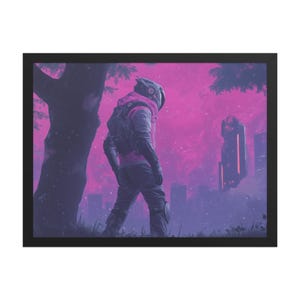 The Last Voyager – Arte de parede de ficção científica sonhadora – Explorador cyberpunk antes do misterioso horizonte rosa enevoado – Pôster emoldurado de fantasia cósmica Synthwave