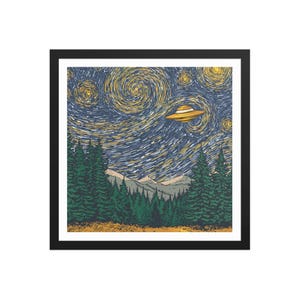 May include: Framed art print showing a night sky with swirling yellow and white stars. A yellow UFO is above a forest of green trees and mountains. The artwork is framed in a black border.