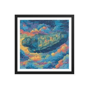 Könnte beinhalten: Gerahmter Druck mit einer stilisierten Illustration eines futuristischen Raumschiffs, das in einem farbenfrohen Himmel voller Wolken schwebt. Das Raumschiff ist hauptsächlich blau und grün, mit Akzenten in Orange und Gelb. Das Kunstwerk ist vor dem Hintergrund einer sternenklaren Nacht.