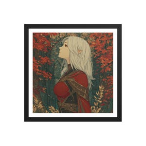 Peut inclure: Impression d'art encadrée représentant une illustration stylisée d'une femme aux longs cheveux blancs, vêtue d'une tenue rouge et noire. L'œuvre est placée sur un fond de feuillage rouge et vert, créant une scène sereine et artistique.
