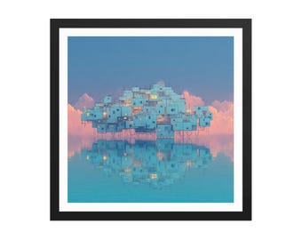 May include: Framed art print featuring a surreal cityscape floating above a reflective body of water. The buildings are light blue with illuminated windows, set against a pastel sky with clouds. The artwork is enclosed in a black frame.