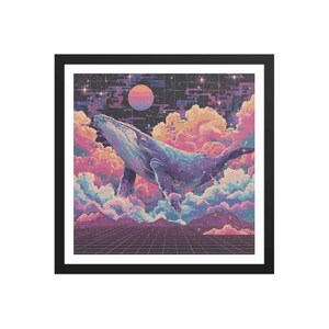 Könnte beinhalten: Gerahmter Kunstdruck mit einer surrealen Wal in einem verträumten Himmel. Das Kunstwerk zeigt einen lila Wal inmitten farbenfroher Wolken, einem Retro-Gitter und einem himmlischen Hintergrund mit einer rosa-orangenen Sonne.