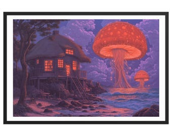 Alien World Beach Resort – Dreamy Sci-fi Wall Art – Cottage by the Ocean with Giant Glowing Jellyfish – Surreal Cosmic Fantasy Framed Poster