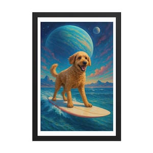 May include: A framed print featuring a golden-colored dog surfing on a surfboard in front of a blue planet and a moon. The artwork has a vibrant color palette with shades of blue, orange, and yellow, creating a whimsical and imaginative scene.